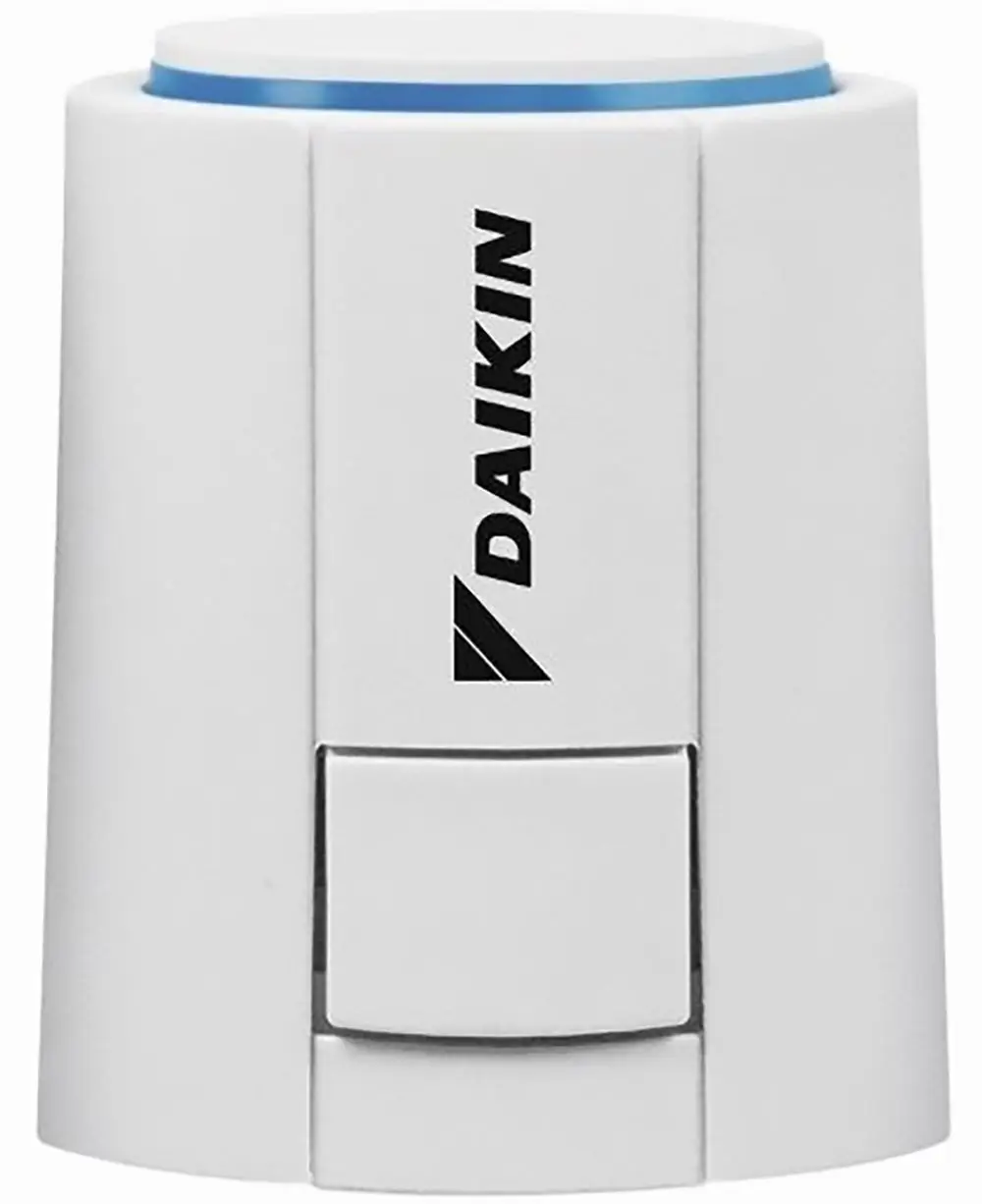 Weißer Stellantrieb von Daikin mit runder Oberseite und einem Schalter an der Vorderseite, geeignet für die Steckmontage.